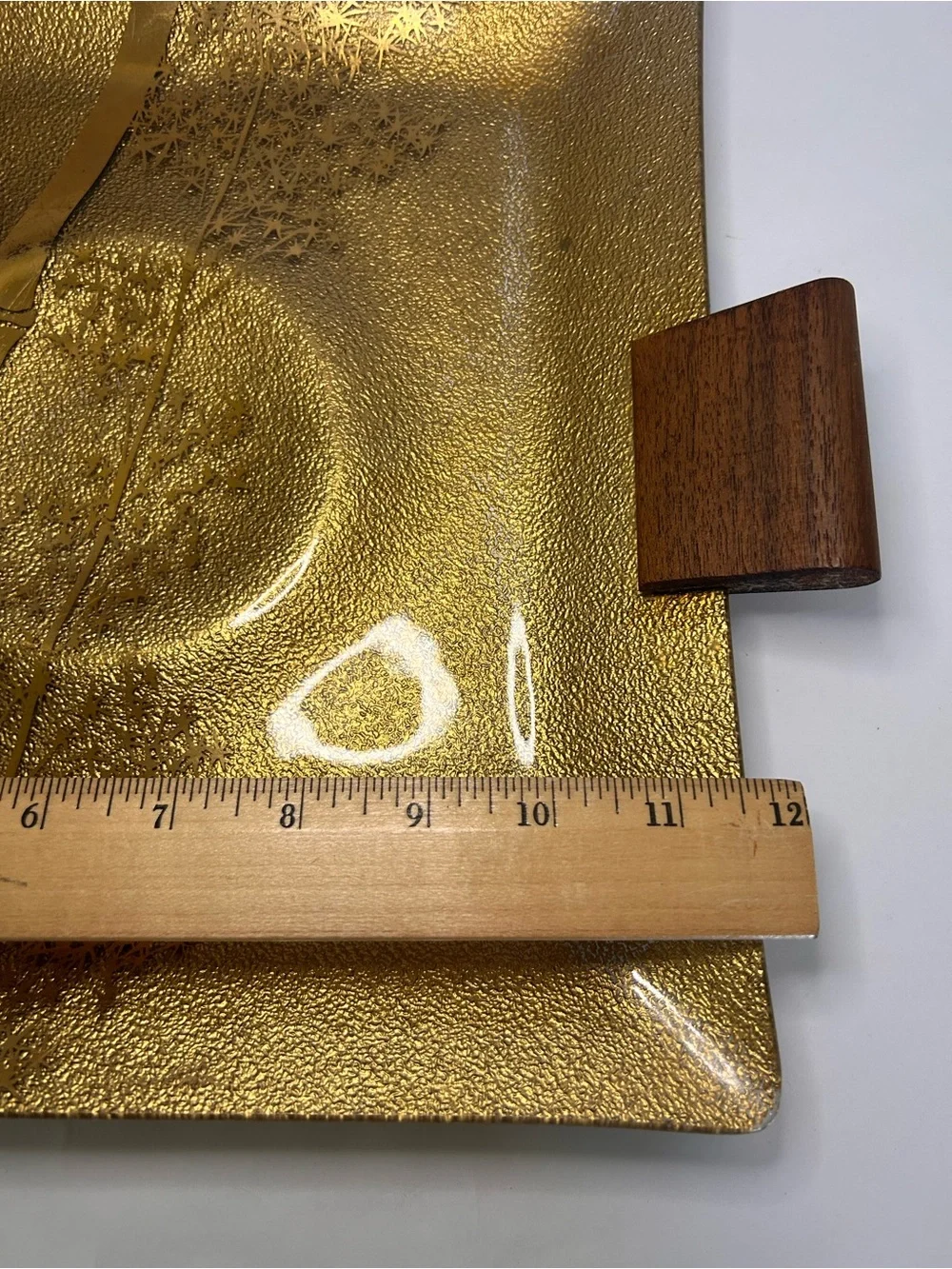 ERNEST SOHN COLLECTION MCM BAMBOO DESIGN GOLD & GLASS PLATE WOOD HANDLE TRAY VTG